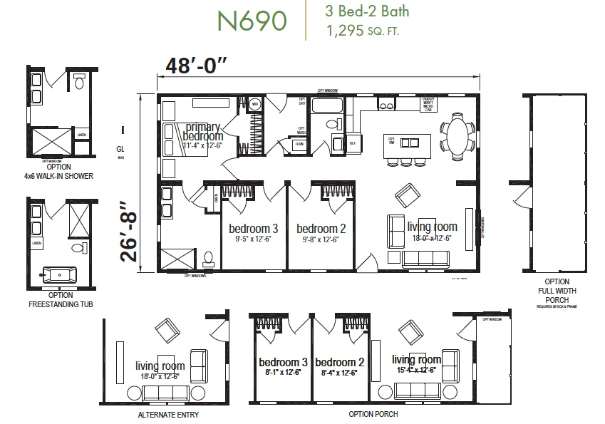 N690 floor plan: 3 bedrooms, 2 bathrooms, 1,295 square feet, 48 feet by 26 feet 8 inches